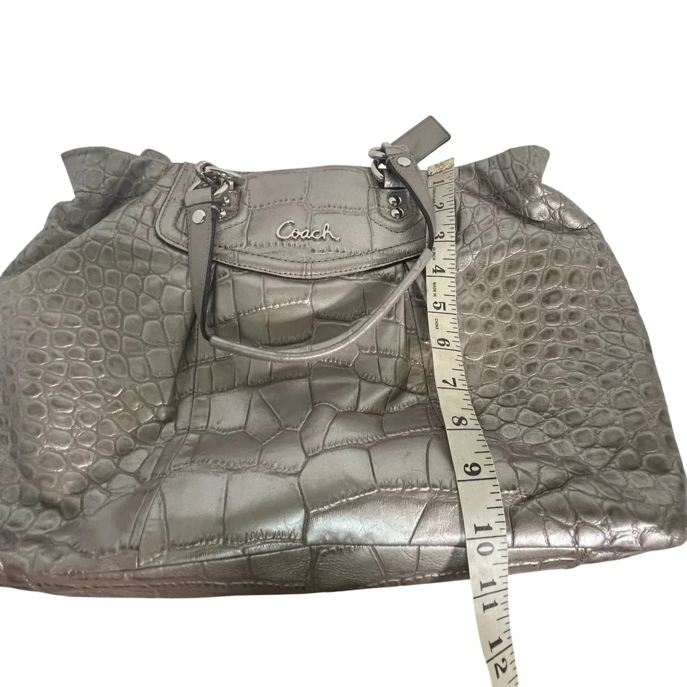 Coach Ashley Carryall Women Large Silver Metallic Croc Embossed Leather Tote Bag